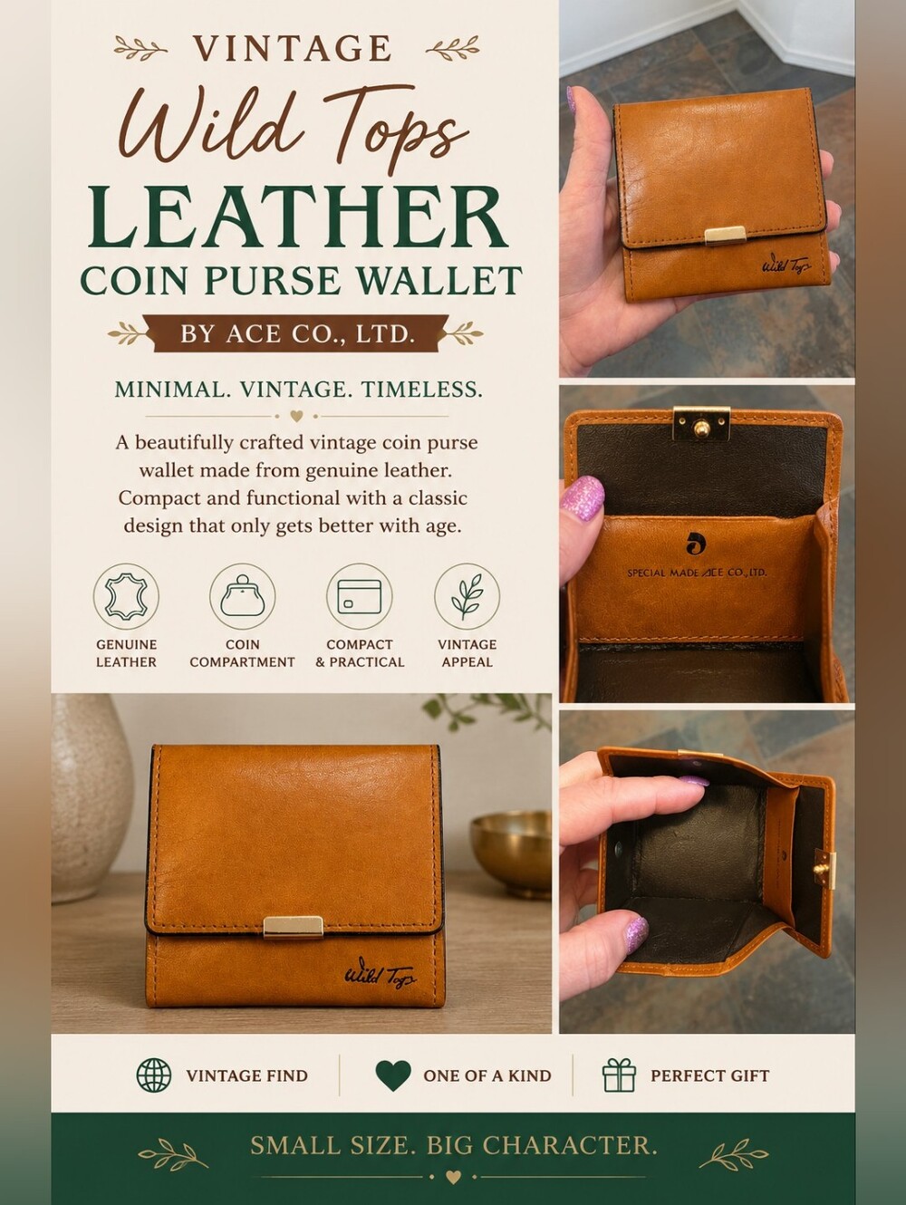 Vintage Wild Tops Leather Coin Purse Wallet by ACE Co., Ltd.